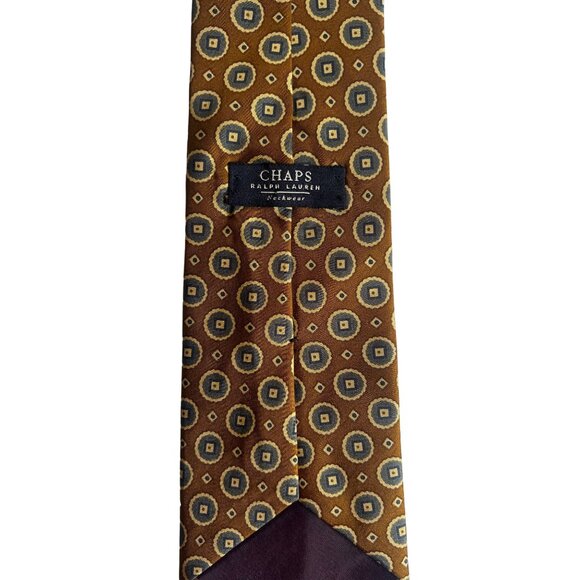 Chaps Ralph Lauren Men's Silk Tie Brown & Blue Geometric Pattern - Picture 2 of 9